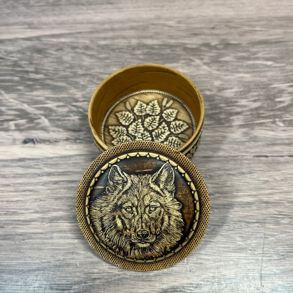 Russian Birch Bark Wolf Trinket Box Small Tan Brown Engraved Folk Art Signed